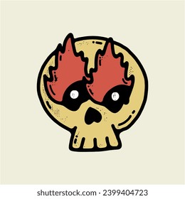 Cartoon skull with a red flame suitable for Halloween, rock band merchandise, tattoo designs, and graphic tees. It's a bold and edgy design perfect for a variety of applications.
