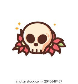Cartoon skull with red flower, traditional tattoo design in simple cute style. Isolated clip art illustration.