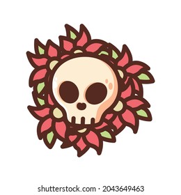 Cartoon skull with red flower, traditional tattoo design in simple cute style. Isolated clip art illustration.
