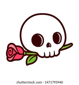 Cartoon skull with rose, traditional tattoo design in simple cute style. Isolated vector clip art illustration.