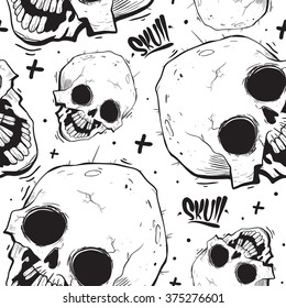Cartoon skull seamless pattern vector. Black and white background.