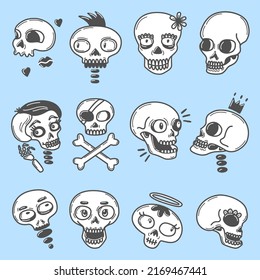 Cartoon skull set. Doodle skulls stickers, happy crossbones dead pirate symbol. Funny graves, sweet skeleton heads and death day neoteric vector clipart