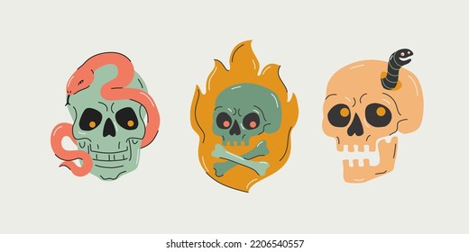 Calavera de dibujos animados. Calaveras divertidas con huesos cruzados, llamas, serpiente, gusano. Camiseta espeluznante, capucha, diseño de impresión adhesiva, logotipo, plantilla de icono. Ilustración vectorial. Concepto de Halloween en estilo moderno