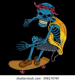 Cartoon skull skateboard isolated on a  black background - vector art