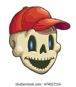 cartoon skull - skeleton face with baseball hat smiling