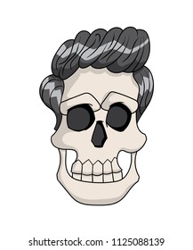 Cartoon skull with slick, shiny hair