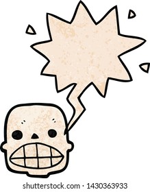 cráneo de caricatura con burbuja de habla en estilo de textura retro
