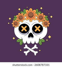 Cartoon skull with sunflowers illustration