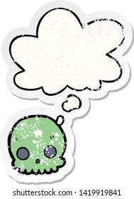 cartoon skull with thought bubble as a distressed worn sticker