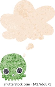 cartoon skull with thought bubble in grunge distressed retro textured style