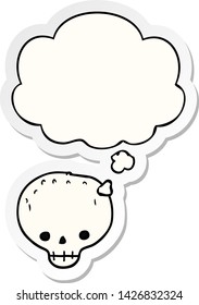 cráneo de caricatura con burbuja de pensamiento como pegatina impresa