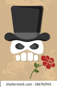 cartoon skull with top hat and rose