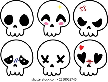 Gráfica vectorial de cráneo de caricatura con diferentes emojis. Trazo editable.