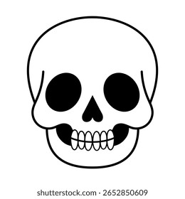 Ilustração do vetor do crânio do desenho animado. O design inclui grandes órbitas oculares redondas, uma pequena cavidade nasal triangular e uma fileira de dentes arredondados simplificados.