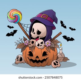 A cartoon skull wearing a purple witch hat holds a colorful lollipop while sitting inside an orange pumpkin decorated with smaller skulls, flowers, and candles, with bats flying in the background