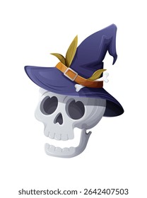 Cartoon skull wearing a purple witch hat with yellow leaves and a bone detail. Fun Halloween vector illustration on white background
