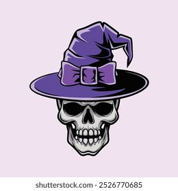 A cartoon skull wearing a purple witch's hat with a bow.