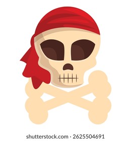 Cartoon skull is wearing a red bandana and showing crossbones