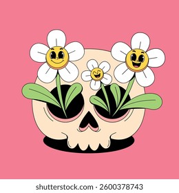 Cartoon skull with white flowers