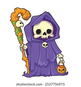 Cartoon Totenkopf Hexe mit Zauberstab und Kürbis feiert Halloween.