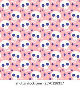Cartoon skulls and crossbones on a pink background. Seamless vector pattern.  