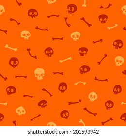 Cartoon Skulls on Orange Background Seamless Pattern. Editable pattern in swatches.