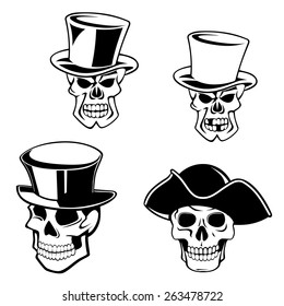 Cartoon skulls in retro top hats and captain pirate hat in black and white colors for halloween decoration decoration or tattoo design
