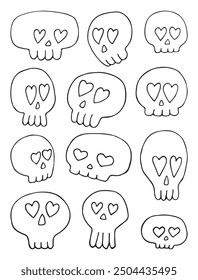 cartoon skulls vector set. Collection of doodle skulls isolated on white background. Vector illustration.