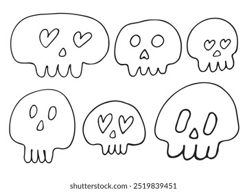 cartoon skulls vector set. Collection of doodle skulls isolated on white background. Vector illustration.
