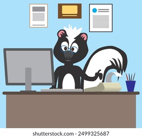 A cartoon skunk accountant is busy crunching numbers in his office