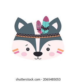 cartoon skunk indian, vector illustration of cute skunk in headdress with feathers, vector illustration with animal for children