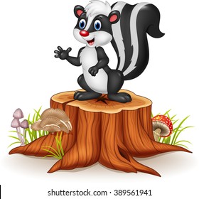 Cartoon skunk posing on tree stump