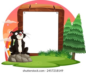 Cartoon skunk sitting by a wooden frame.