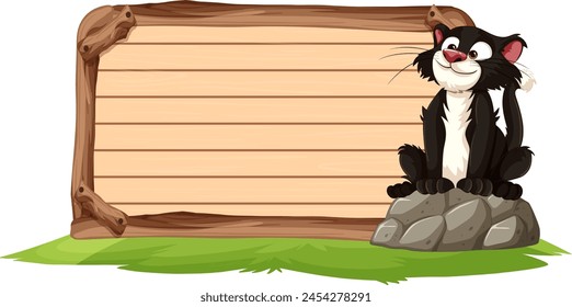 Cartoon skunk sitting on a rock by a wooden sign.