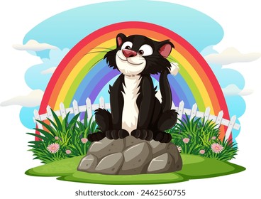 Cartoon skunk sitting on rocks under a rainbow.