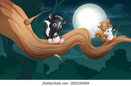 Cartoon of skunk and squirrel on tree at night