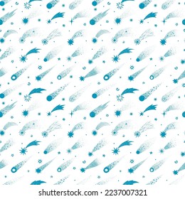 Cartoon sky background with blue shooting stars on white. Seamless space pattern with comets. Can be used for wallpaper, pattern fills, textile, web page background, surface textures.