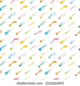Cartoon sky background with colored shooting stars on white. Seamless space pattern with comets. Can be used for wallpaper, pattern fills, textile, web page background, surface textures