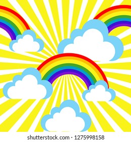 Cartoon sky background with rainbows and clouds