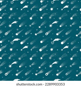 Cartoon sky background with white shooting stars on blue. Seamless space pattern with comets. Can be used for wallpaper, pattern fills, textile, web page background, surface textures