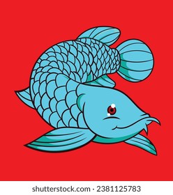 Cartoon sky blue fish isolated on red background 