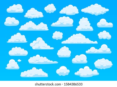 Cartoon sky clouds. Fluffy white clouds in blue sky, bright cloudscape weather atmospheric panorama. Cute clouds of different shape vector cartoon illustration set. Collection of cumulus