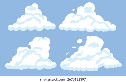 Cartoon sky clouds. Fluffy white clouds in blue sky.