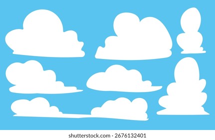 Cartoon sky clouds. Fluffy white clouds in blue sky.