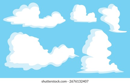 Cartoon sky clouds. Fluffy white clouds in blue sky.