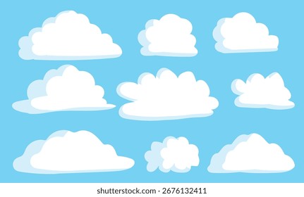 Cartoon sky clouds. Fluffy white clouds in blue sky.
