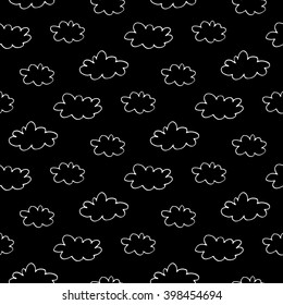 Cartoon sky pattern with hand drawn clouds. Cute vector black and white sky pattern. Seamless monochrome doodle sky pattern for fabric, wallpapers, wrapping paper, cards and web backgrounds.