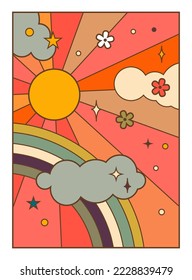 Cielo de dibujos animados con arco iris y sol con rayos, flores florecientes y estrellas brillantes. Nubes y cuerpos celestes. Decoración de fantasía o cuento de hadas, estampado retro o vintage a la moda. Vector de estilo plano