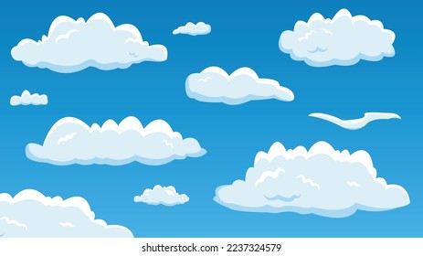 Cartoon sky with random clouds vector background illustration sky design.