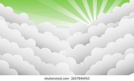 Una escena de cielo de dibujos animados con nubes blancas en fondos verdes
